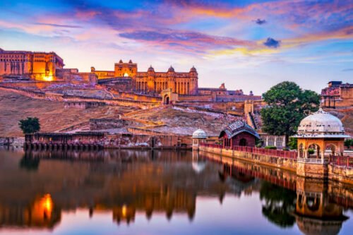 Amber Fort and Maota Lake at sunset.  Jaipur, Rajasthan, India, Asia